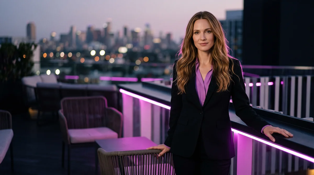 Adult woman with long wavy hair, a dark blazer and purple blouse standing by a rooftop railing with orchid lights.