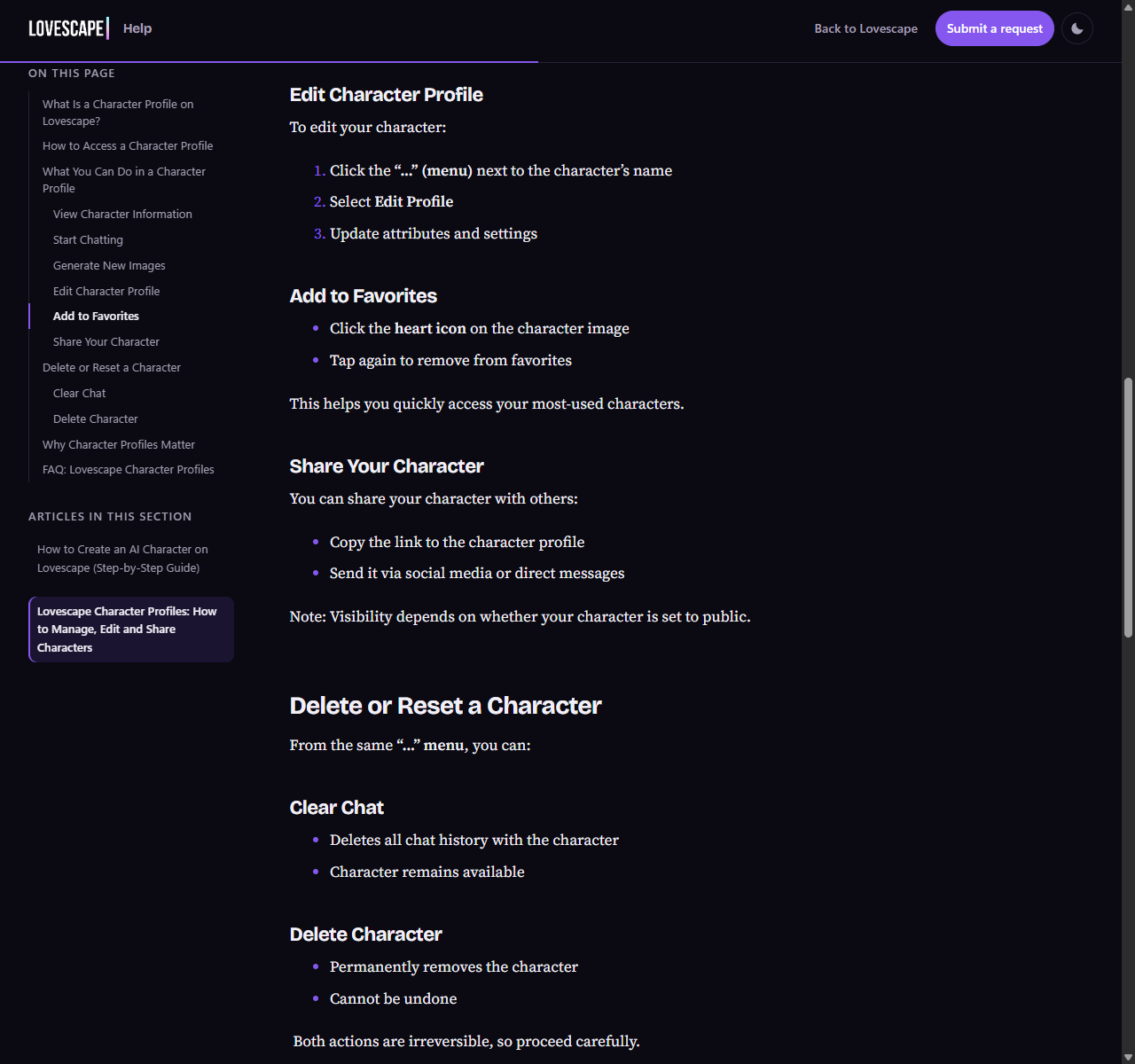 Lovescape profile help showing editing attributes and Clear Chat as separate actions