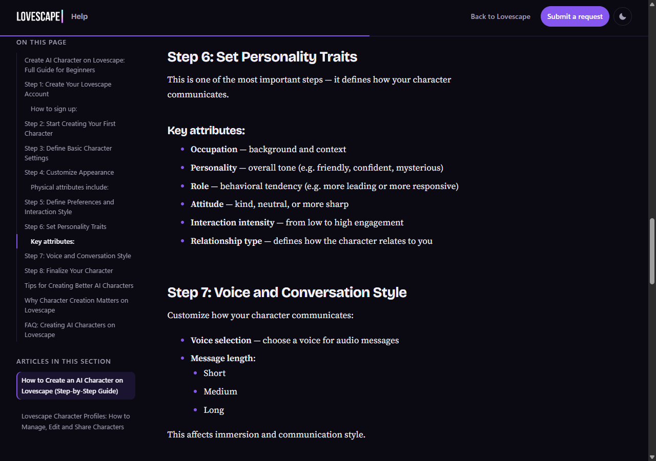 Lovescape creation help listing relationship type separately from personality, intensity and message length